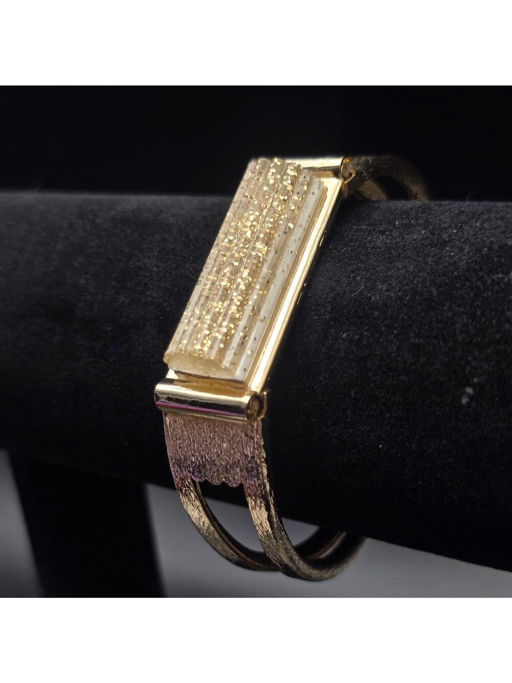 Gold Tone Glitter Hinged Cuff Bracelet Vintage 1970s Costume Jewelry